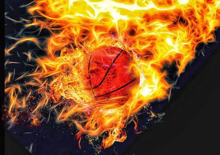 3d illustration of basketball ball in burning flamesの写真素材