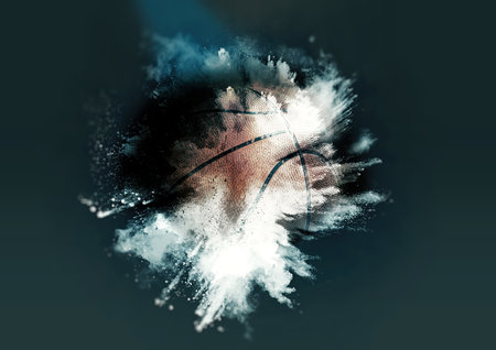 3d illustration of basketball ball in burning flamesの写真素材