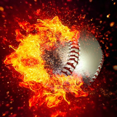 3d illustration of a burning flame baseball ballの写真素材
