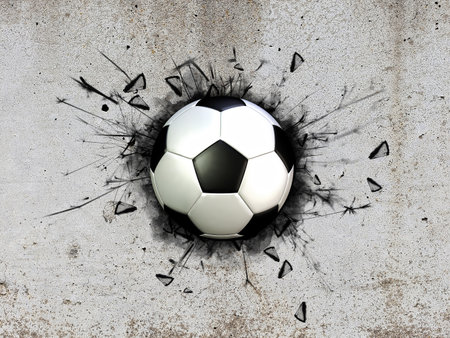 3d illustration of a soccer ball stuck in a concrete wallの写真素材