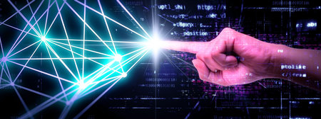 3d illustration of a hand connecting to a glowing blue net in a virtual space