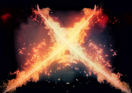 3d illustration of sword with burning flamesの写真素材