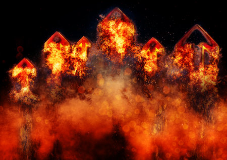 3d illustration of exploding flame arrowの写真素材