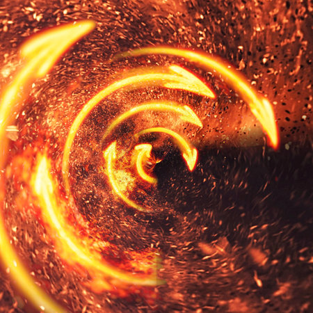 3d illustration of fire arrows swirling in the darkの写真素材