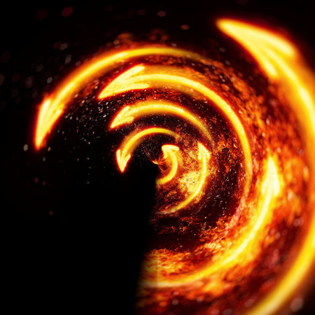 3d illustration of fire arrows swirling in the darkの写真素材