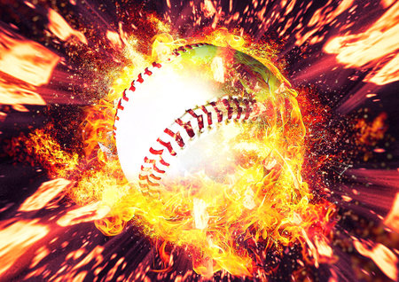 3d illustration of baseball ball exploding and burningの写真素材
