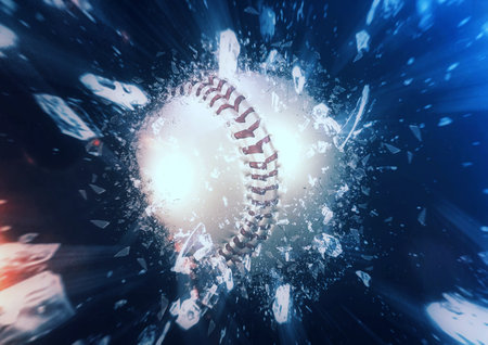 3d illustration of a baseball ball exploding and scattering debrisの写真素材