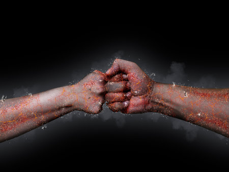 Abstract background composite of colliding fists and fists exploding effect in boxing conceptの写真素材