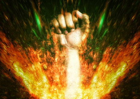 3d rendering flame fist and black backgroundの写真素材