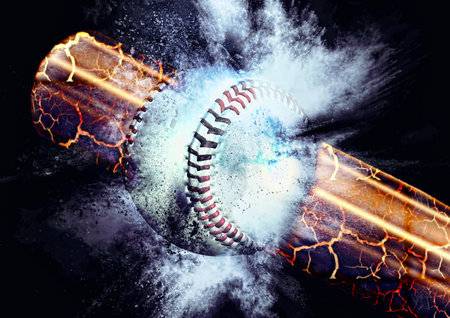 3D illustration that combines the effects of explosions on baseball balls and bats colliding with the concept of sportsの写真素材