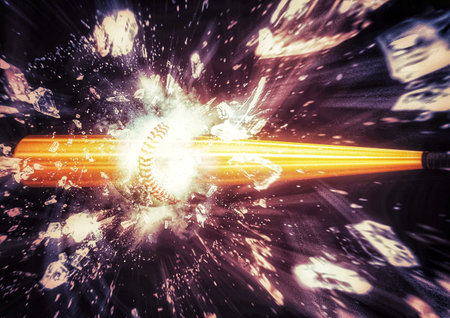 3d illustration composite explosion effect on baseball ball and bat colliding in sport conceptの写真素材