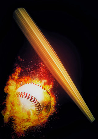 3d illustration compositing flame effect on baseball ball and bat colliding in sport conceptの写真素材