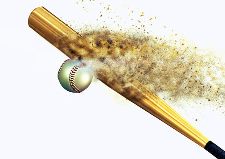 3d illustration composite explosion effect on baseball ball and bat colliding in sport conceptの写真素材