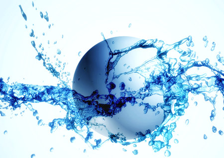 3d illustration of blue sphere and blue water splash in science conceptの写真素材