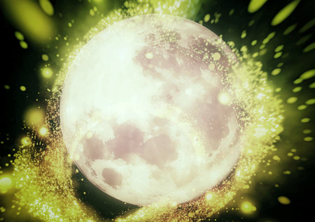 3d illustration of abstract planet glowing yellow in science conceptの写真素材