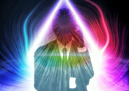 3d illustration composite light effect on silhouette of man meditating in religion conceptの写真素材
