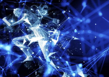 3d illustration compositing light effect on silhouette of running man in science and technology...