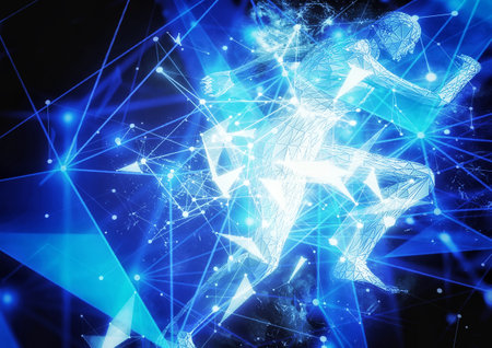 3d illustration compositing light effect on silhouette of running man in science and technology conceptの写真素材