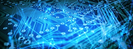 3d illustration of circuit board with blue light lines connected in technology concept