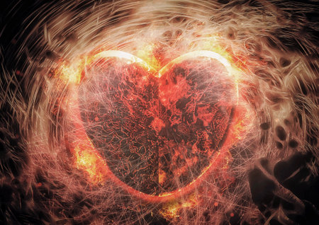 3d illustration of fire flames burning in heart shape with emotion conceptの写真素材