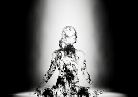 Silhouette illustration of a woman meditating with light in religion conceptの写真素材