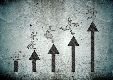 Illustration of a businessman going up a graph with arrow in business success conceptの写真素材
