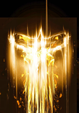 3d illustration of an abstract firebird flapping its wings in the dark with a mythical creature conceptの写真素材