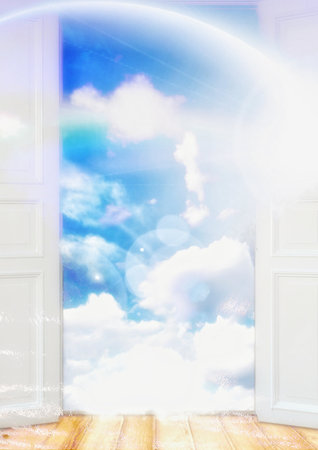 3d illustration of sky landscape seen through open door in nature conceptの写真素材