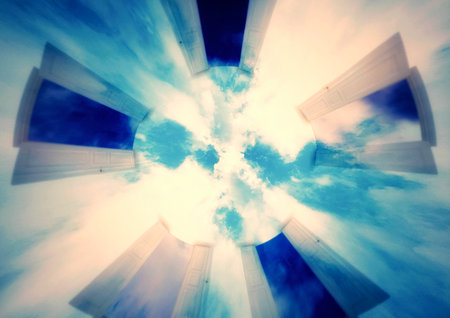 3d illustration of multiple open doors appearing in midairの写真素材