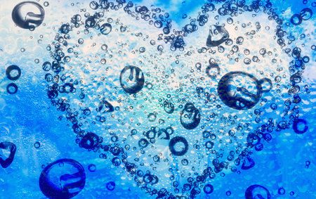 3d illustration of blue water drops splashing in heart shape