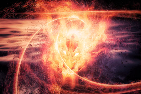 3d illustration of fire dragon swirling in spooky sky with religious concept