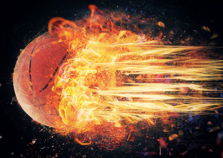 3d illustration of a burning basketball ballの写真素材