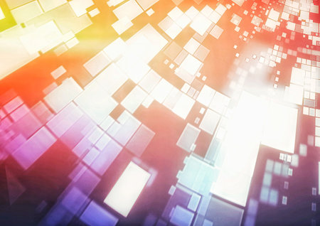 Geometric background with scattered glowing squares in technology conceptの写真素材
