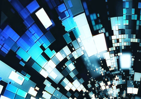 Geometric background with scattered glowing squares in technology conceptの写真素材