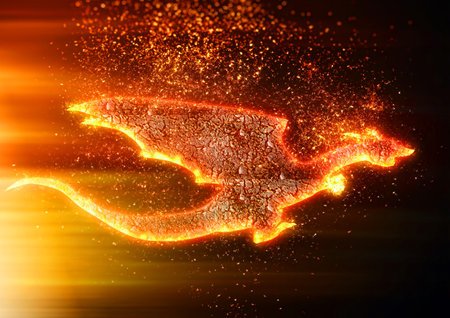 3d illustration of abstract fire dragon flapping in the dark with mythical creature conceptの写真素材