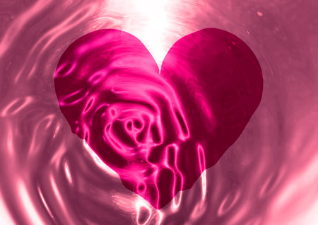 3d illustration of red heart with ripples on pink water surface in love conceptの写真素材