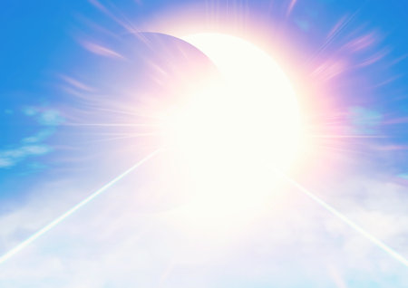 3d illustration of clouds floating in blue sky and light path reaching to heaven in creativity...