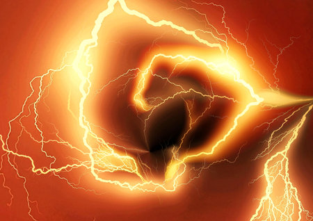 Orange lightning bolt glowing in the dark in a storm concept