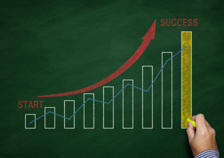 Businessman drawing success graph on blackboard, stock market concept.の写真素材