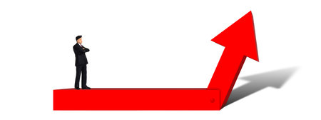 Businessman standing on a red arrow chart. 3D rendering.の写真素材