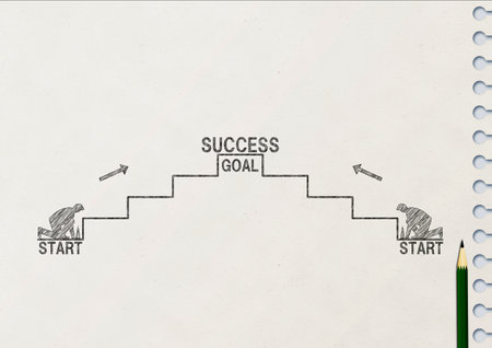 success and failure with pencils and stairs leading from first to secondの写真素材