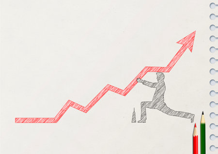 Businessman running on a red arrow graph over white paper with pencilの写真素材