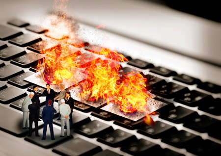 Conceptual image of team of business people looking at burning laptopの写真素材