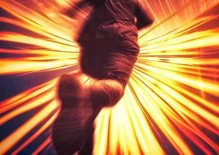 Businessman running with high speed on light rays background.の写真素材