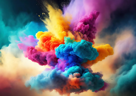 3d illustration of colorful smoke cloud over black background. Abstract backgroundの素材