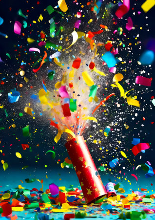 Party popper with confetti and streamers on color background.の素材