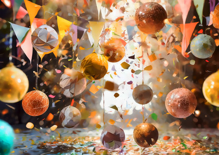 Colorful balloons and confetti on wooden table in front of the windowの素材