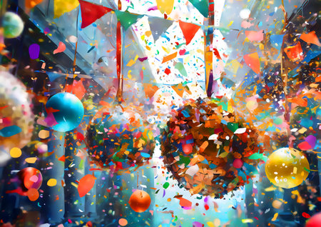 Colorful balloons and confetti on wooden table in front of the windowの素材