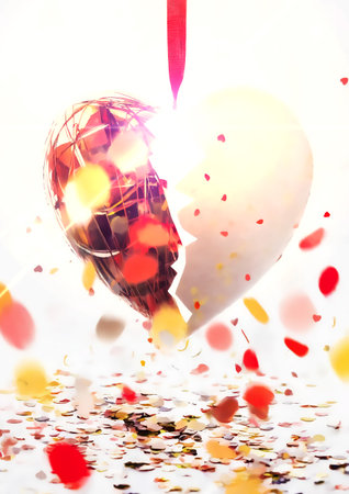 Broken heart with confetti on white background. 3D renderingの素材