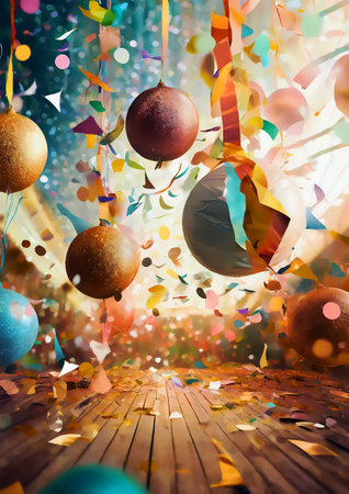 Colorful balloons and confetti on wooden table in front of the windowの素材